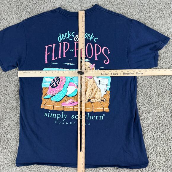 Simply Southern Shirt Womens Large Blue Decks Docks Flip Flops Dog Turtle READ - Picture 4 of 12